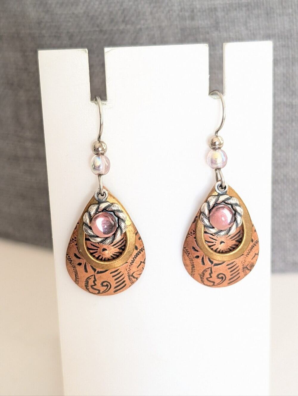 Bohemian Style Layered Floral Embossed Copper Beaded Festival Hippie Earrings